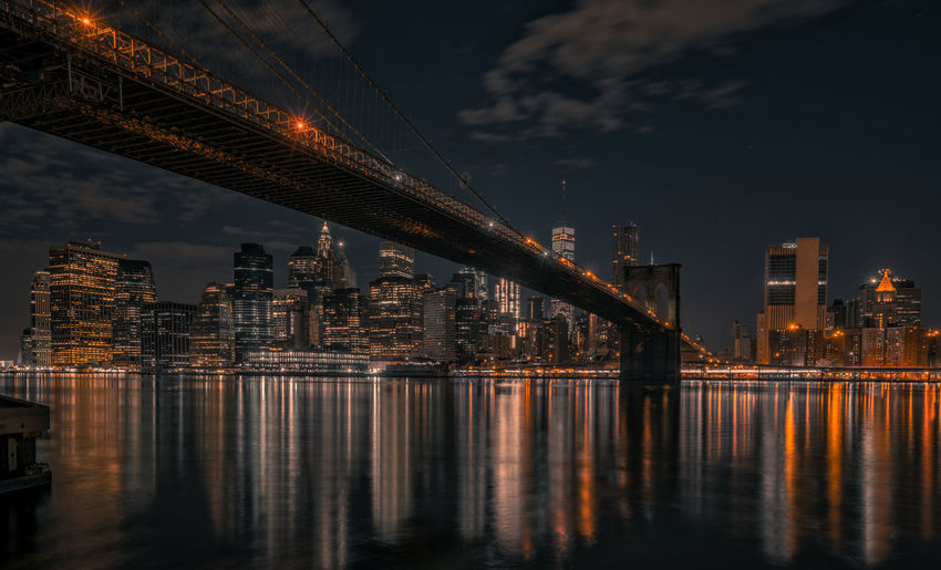 Illuminated city and bridge at night