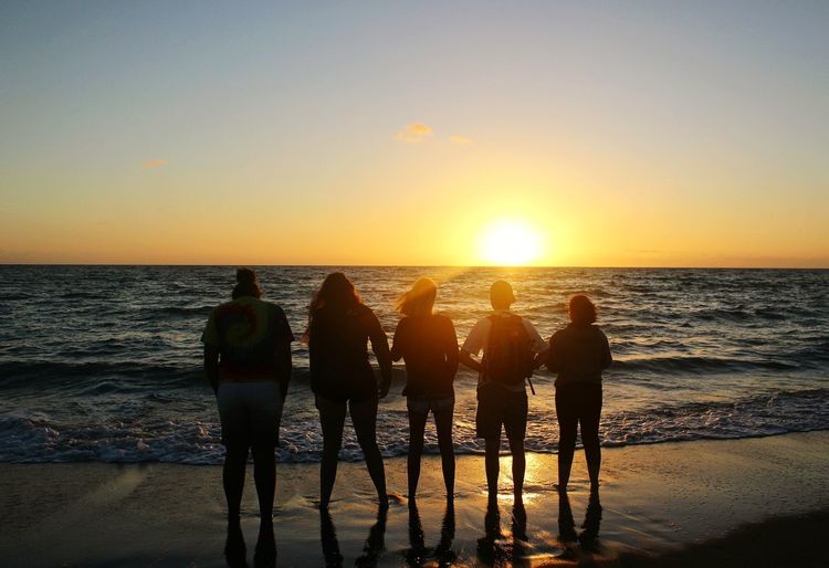 Rear view of friends standing on shore at beach during sunset