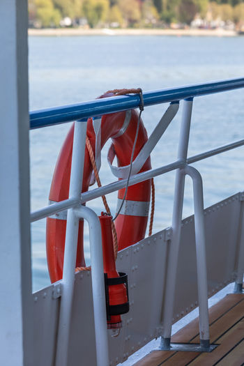 Close-up of red ship in sea