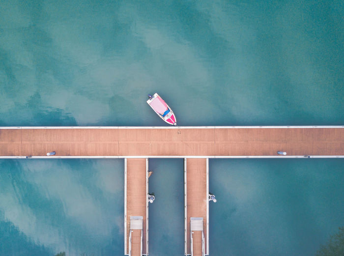 Aerial view of boat in marina