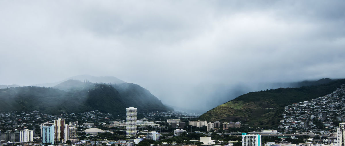 Panoramic shot of city by mountains against cloudy sky