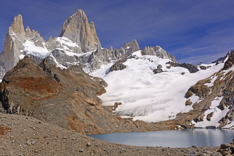 Spectacular alpine panorama of mount fitz roy and third lake in the patagonian andes in argentina
