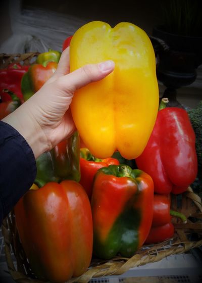 Close-up of hand holding bell peppers