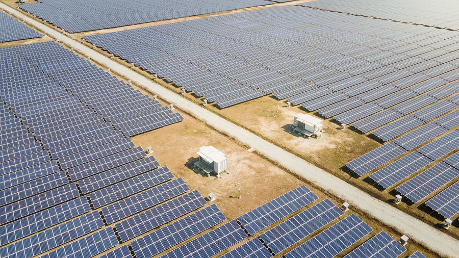 Aerial view of solar farm on field