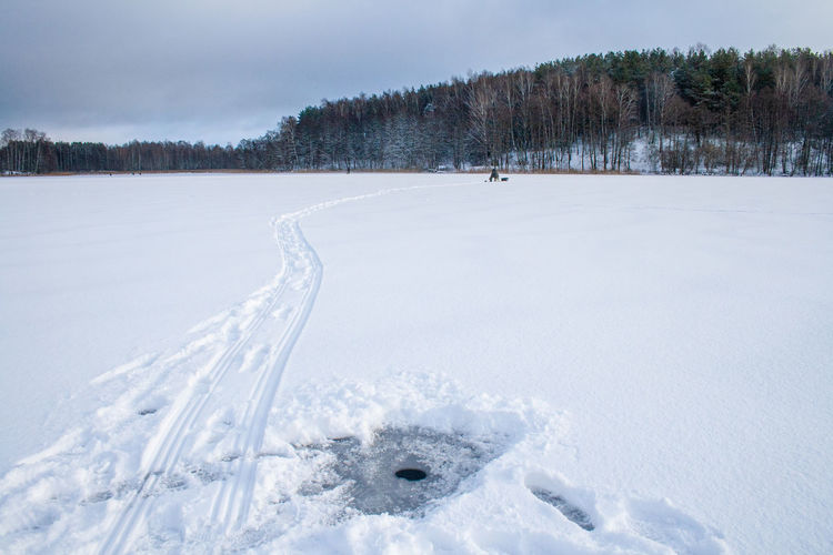 Fishing on a frozen lake in winter, hole