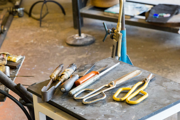 Close-up of hand tools on table