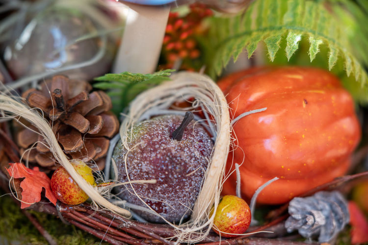 High angle view of fruits in basket