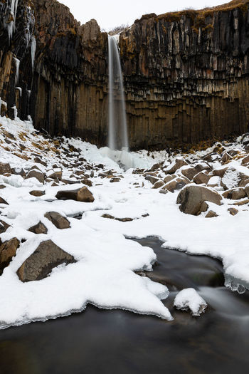 Iconic scenic svartifoss on a cold snowy winter day in iceland