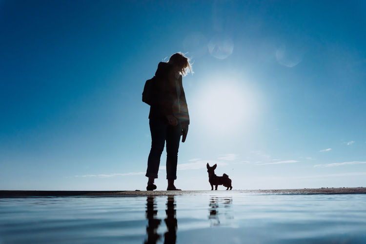 Rear view of silhouette woman with dog standing by sea against sky during sunny day