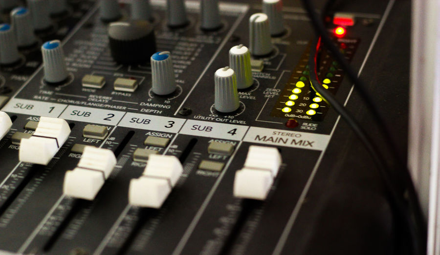 Close-up of sound recording equipment in studio
