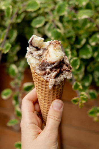 Female hand holding delicious american vanilla chocolate ice cream. tasty homemade icecream gelato