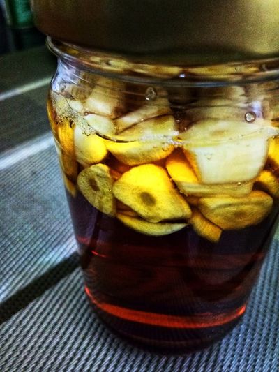 Close-up of drink in jar on table