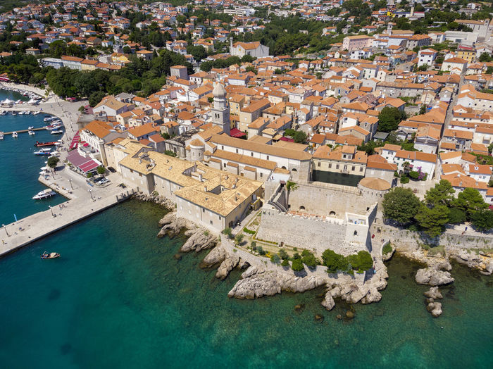 Aerial scene of krk town on krk island, croatia