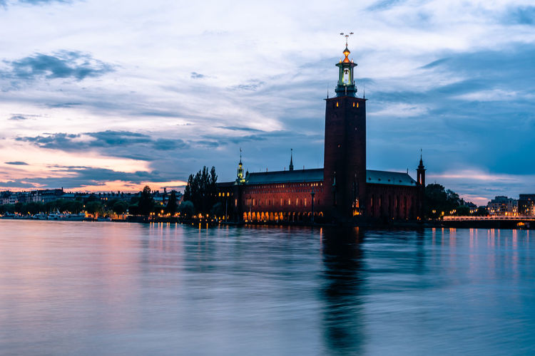 Tha city hall of stockholm at sunset