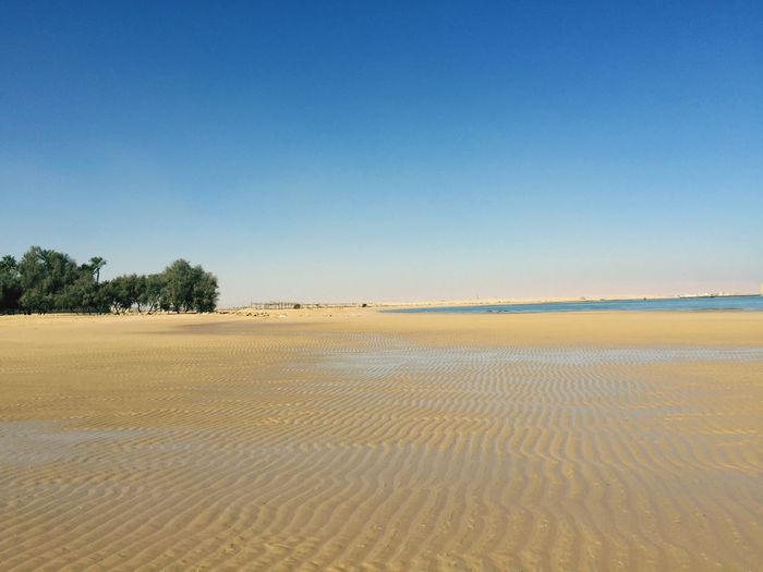 Scenic view of beach against clear blue sky