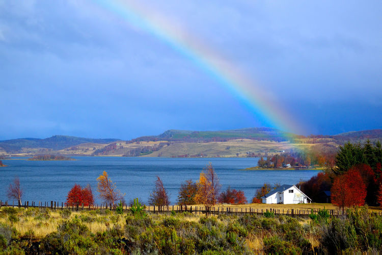 Scenic view of rainbow over lake against sky