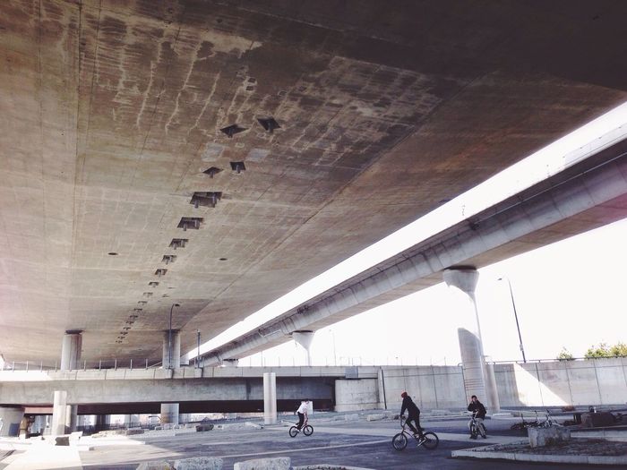 Boys cycling under bridge