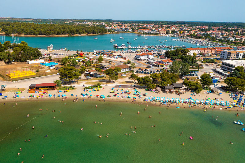 Aerial view of the beach in medulin town in istra, croatia