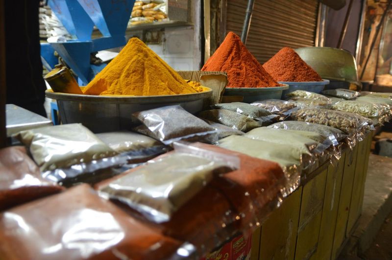 Spices displayed at market stall during night