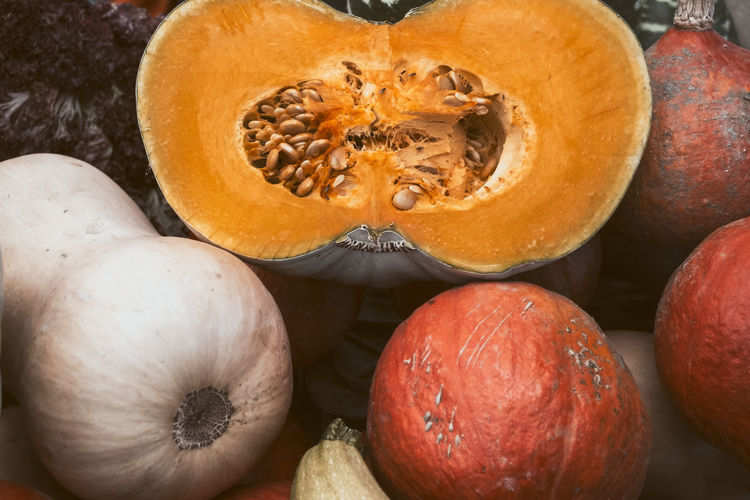 Autumn pumpkins on the market stall