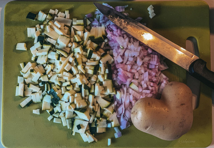 High angle view of chopped vegetables in kitchen
