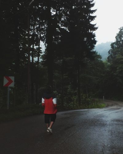 Rear view of woman walking on road amidst trees