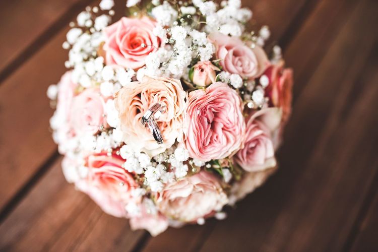 High angle view of bouquet on table