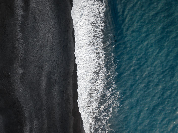 Scenic and abstract aerial view of the famous reynisfjara black beach in vik, iceland