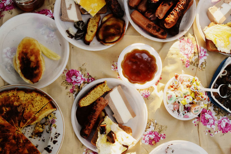 High angle view of food served on table
