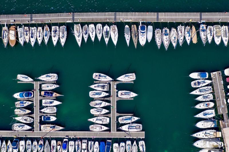 Aerial view of moored sailing boats