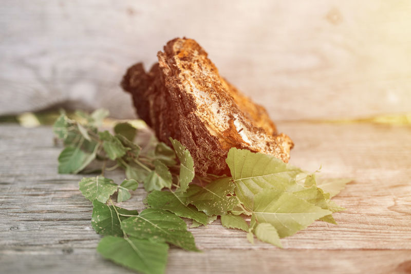Close-up of fresh green leaves on table