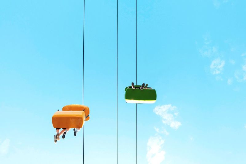 Low Angle View Blue Clear Sky Hanging Outdoors Overhead Cable Car Sky Day Ride Cable Car Fresh On Market 2017