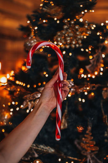 Cropped hand of woman holding illuminated christmas tree