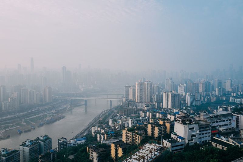High angle view of cityscape against clear sky