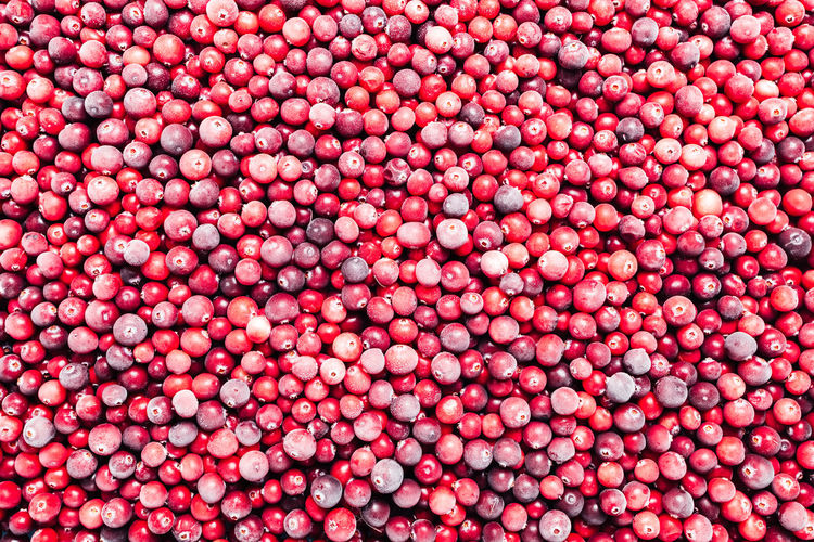 Abstract background made from frozen red cranberries. top view