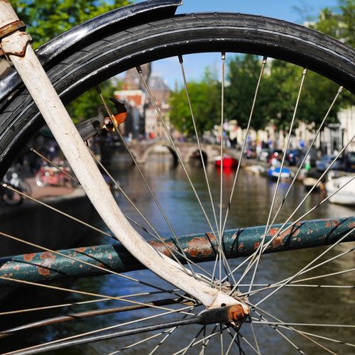 Close-up of rusty bicycle wheel