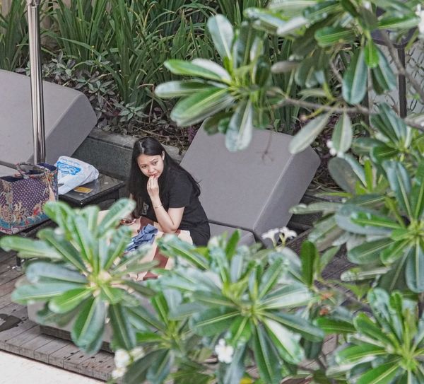High angle view of young woman sitting on potted plant