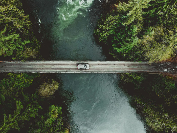 High angle view of car crossing bridge over a river amidst trees in forest