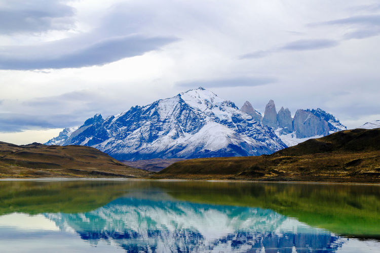 Reflection of snowed mountain in lake