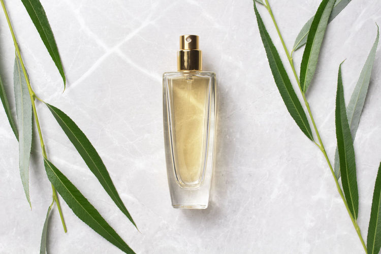 Close-up of beauty products against white background