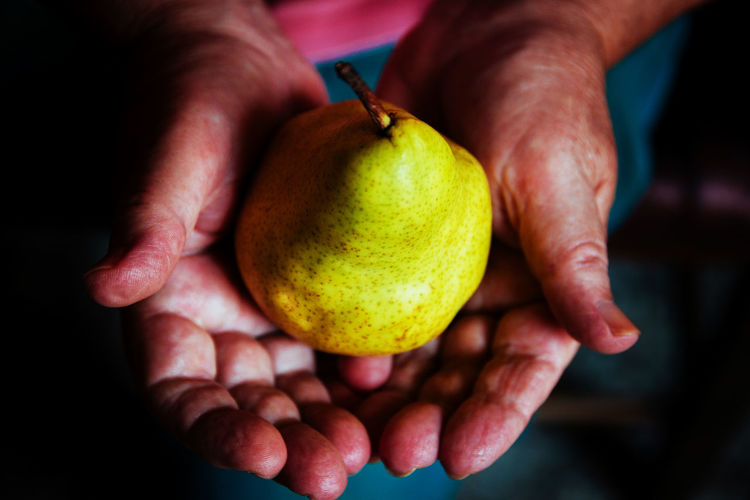 Close-up of hand holding pear