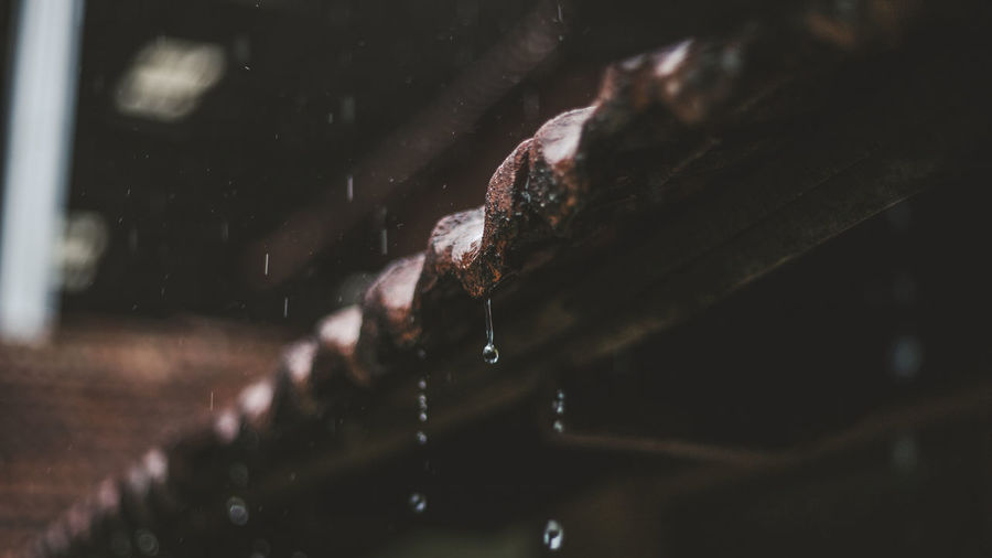 Close-up of raindrop falling from house roof at night