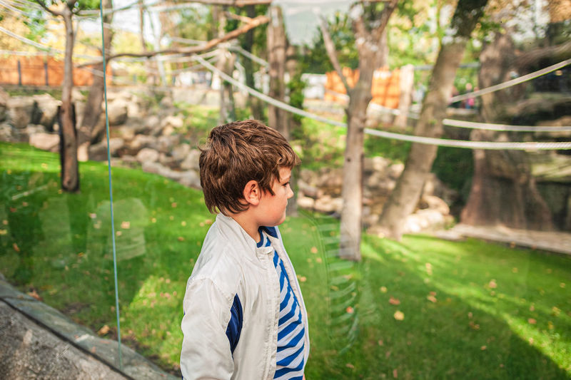 Boy looking away while standing at park