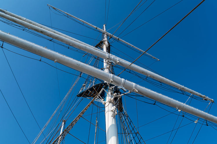 Low angle view of mast against clear blue sky