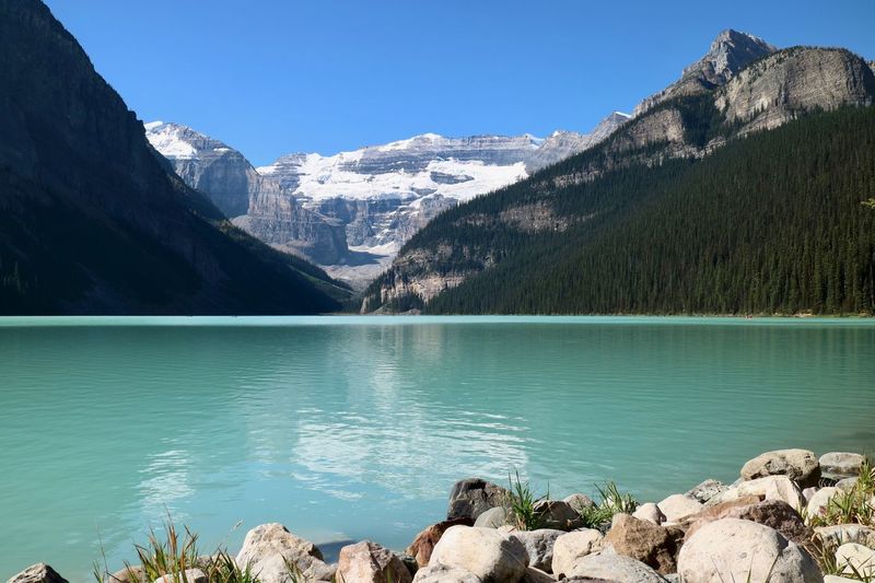 Panoramic view of lake and mountains against sky