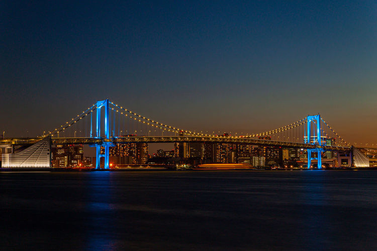 Illuminated suspension bridge at night
