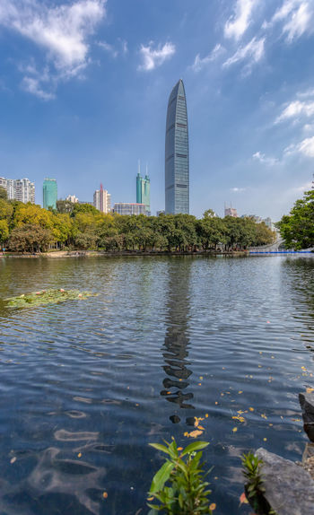 Scenic view of lake by buildings against sky