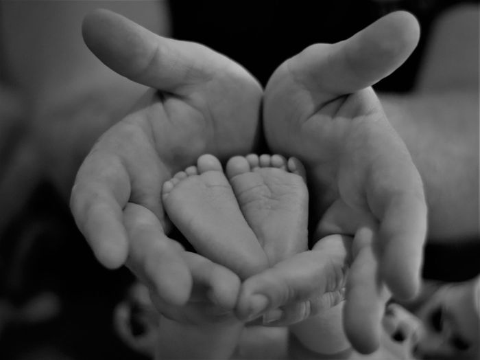 Close-up of parent holding baby feet