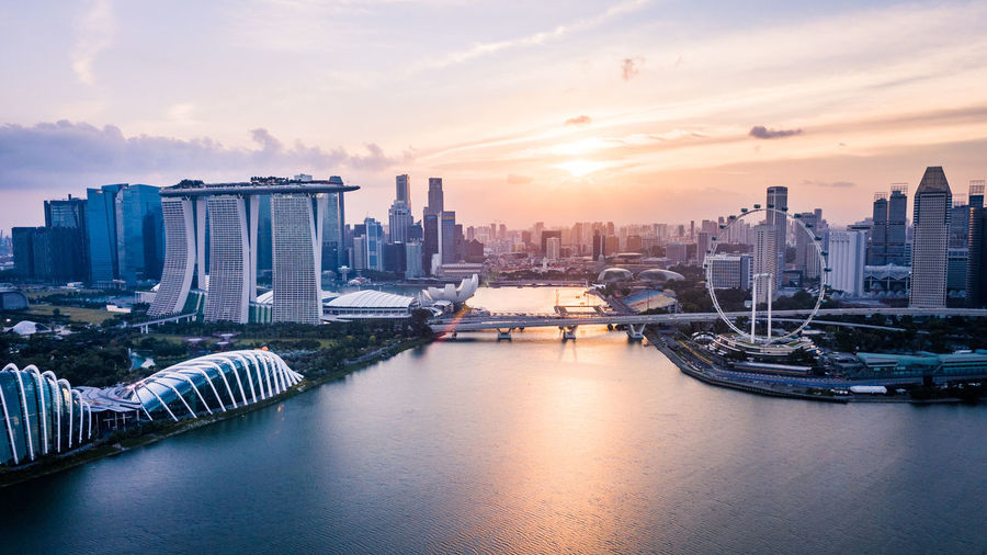 City at waterfront during sunset