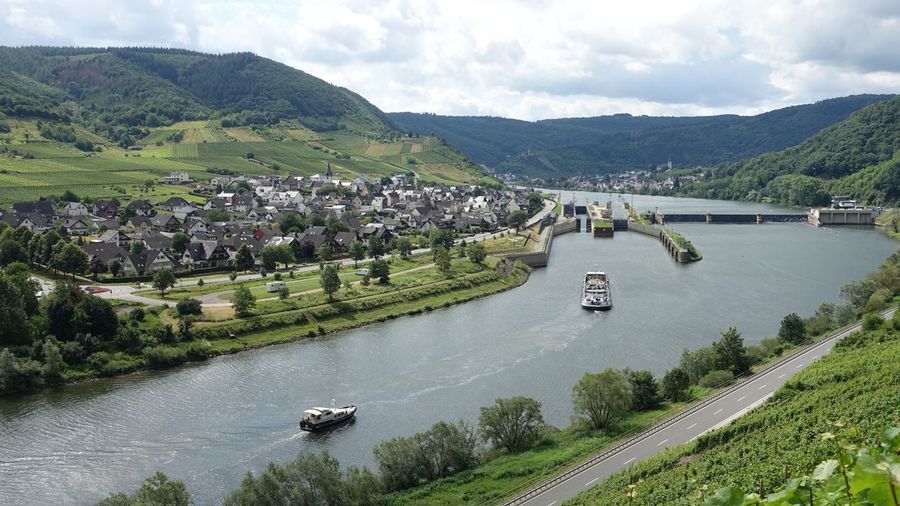 High angle view of moselle valley with ships entering floodgate 